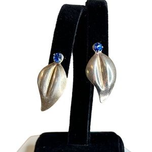 Vintage Sterling Silver Leaf Blue Stone Screw Back Earrings